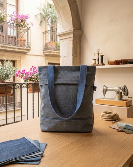 Totebag with zipper with zipper. Bossa de mà artesana feta a mà in Barcelona, with an original and timeless design that combines functionality and style. Made in a small workshop with quality fabrics and great care for details, is a unique piece designed for women who value craftsmanship and sustainable fashion. This bag is ideal for everyday use or to give a special touch to your looks. The interior is lined and has pockets to keep everything organized. It is made in limited edition, following local and responsible production criteria. A practical complement, elegant and with its own personality, created in Barcelona to offer you a different alternative to conventional fashion. bossa de mà artesana, bossa feta Barcelona, bossa original per dona, sustainable fashion Barcelona, local craft product.