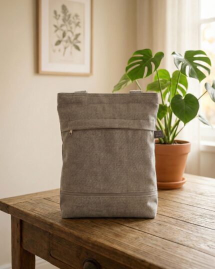 Totebag with zipper with zipper. Bossa de mà artesana feta a mà in Barcelona, with an original and timeless design that combines functionality and style. Made in a small workshop with quality fabrics and great care for details, is a unique piece designed for women who value craftsmanship and sustainable fashion. This bag is ideal for everyday use or to give a special touch to your looks. The interior is lined and has pockets to keep everything organized. It is made in limited edition, following local and responsible production criteria. A practical complement, elegant and with its own personality, created in Barcelona to offer you a different alternative to conventional fashion. bossa de mà artesana, bossa feta Barcelona, bossa original per dona, sustainable fashion Barcelona, local craft product.