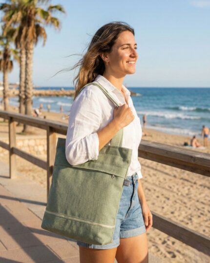 Totebag with zipper with zipper. Bossa de mà artesana feta a mà in Barcelona, with an original and timeless design that combines functionality and style. Made in a small workshop with quality fabrics and great care for details, is a unique piece designed for women who value craftsmanship and sustainable fashion. This bag is ideal for everyday use or to give a special touch to your looks. The interior is lined and has pockets to keep everything organized. It is made in limited edition, following local and responsible production criteria. A practical complement, elegant and with its own personality, created in Barcelona to offer you a different alternative to conventional fashion. bossa de mà artesana, bossa feta Barcelona, bossa original per dona, sustainable fashion Barcelona, local craft product.