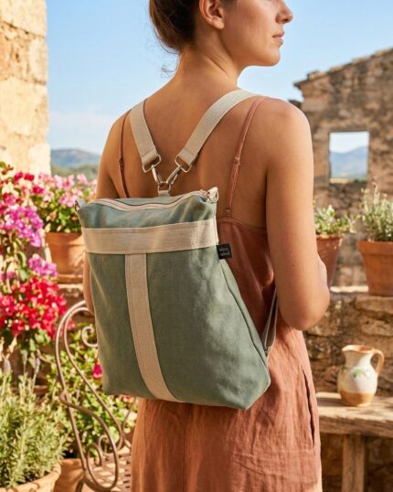 backpack pocket. 3 positions. shoulder bag bolso mochilaBag convertible to backpack handmade in Barcelona with quality fabrics and unique design. Ideal for everyday use, this handcrafted piece combines style, comfort and functionality. You can carry it as a handbag or easily transform it into a backpack, adapting to your active lifestyle. Handmade in a small workshop in Barcelona, it's a sustainable bag, original and designed for women who value responsible fashion and independent design. Each piece is unique, made with care and in limited edition. convertible bag to backpack, handmade in Barcelona, handmade piece, unique design, sustainable fashion, craft workshop, limited edition, original bossa per day by day, independently designed backpack.